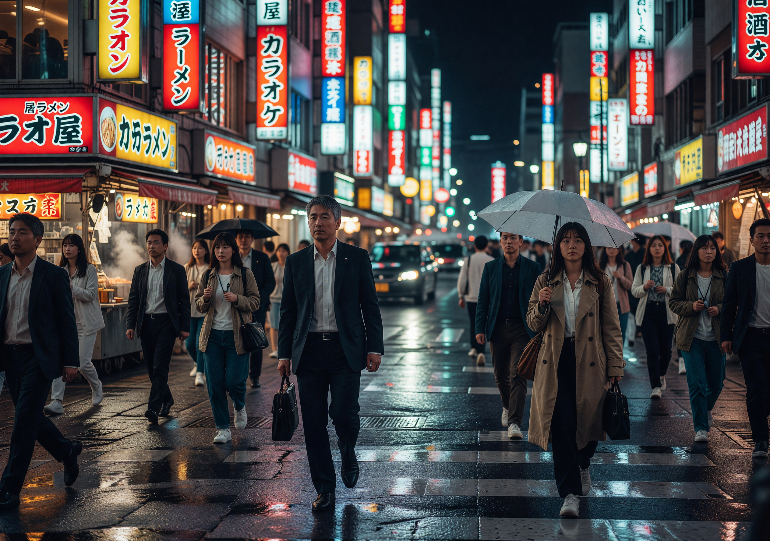 Rainy Night in Tokyo with Neon Signs and Commuters