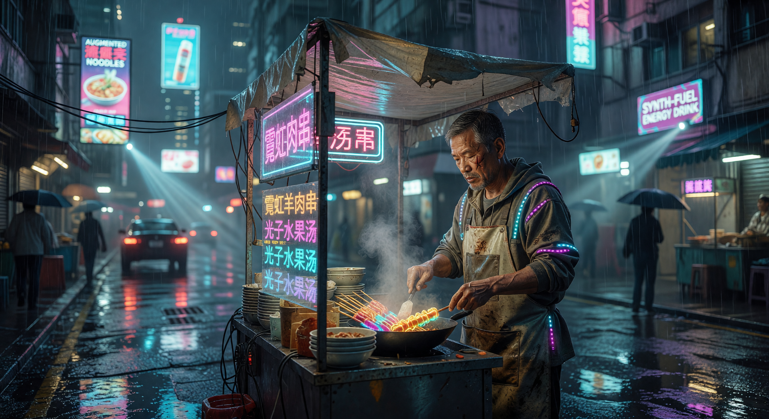 Rainy Night Neon Street Vendor in Cyberpunk City