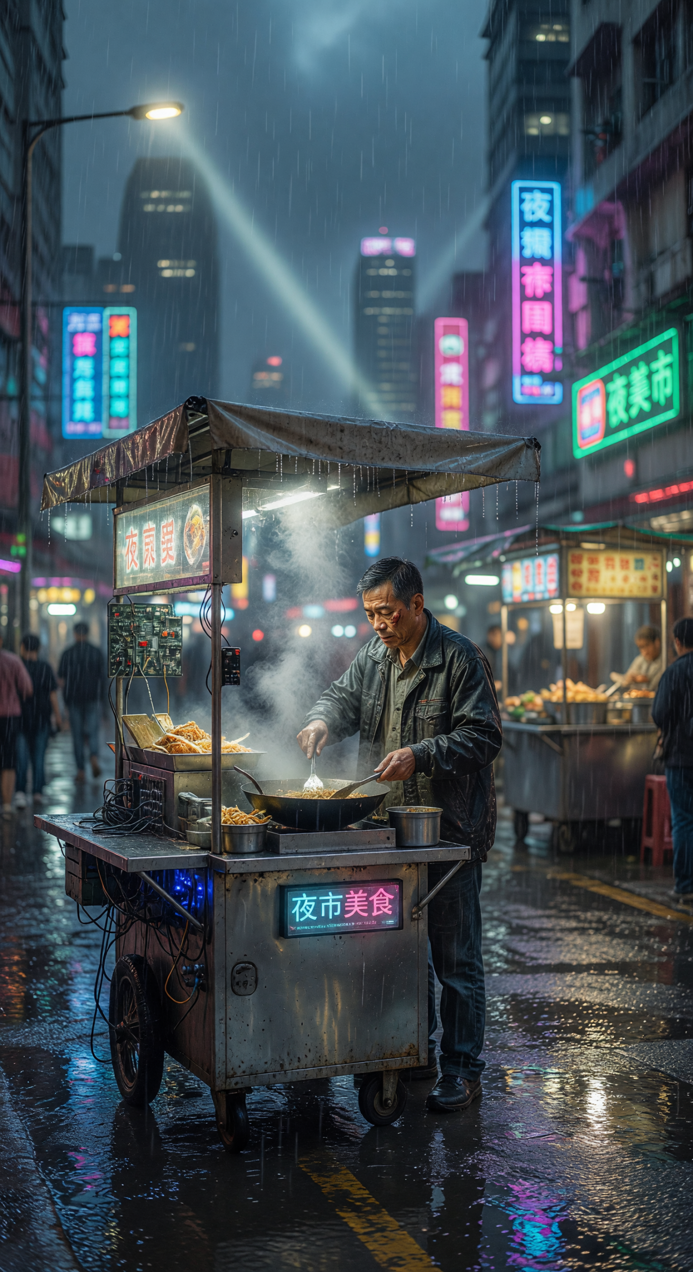 Rainy Night Neon Street Vendor in Cyberpunk City