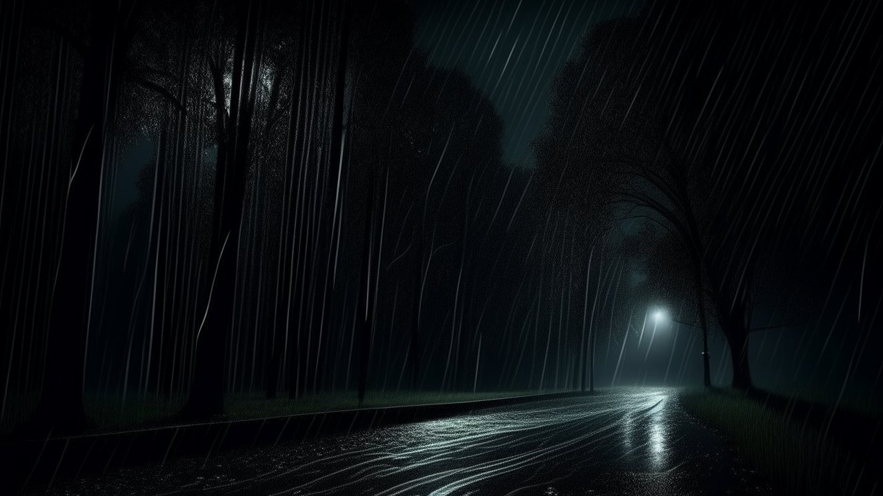 Rainy Night on a Forest Road with Streetlight