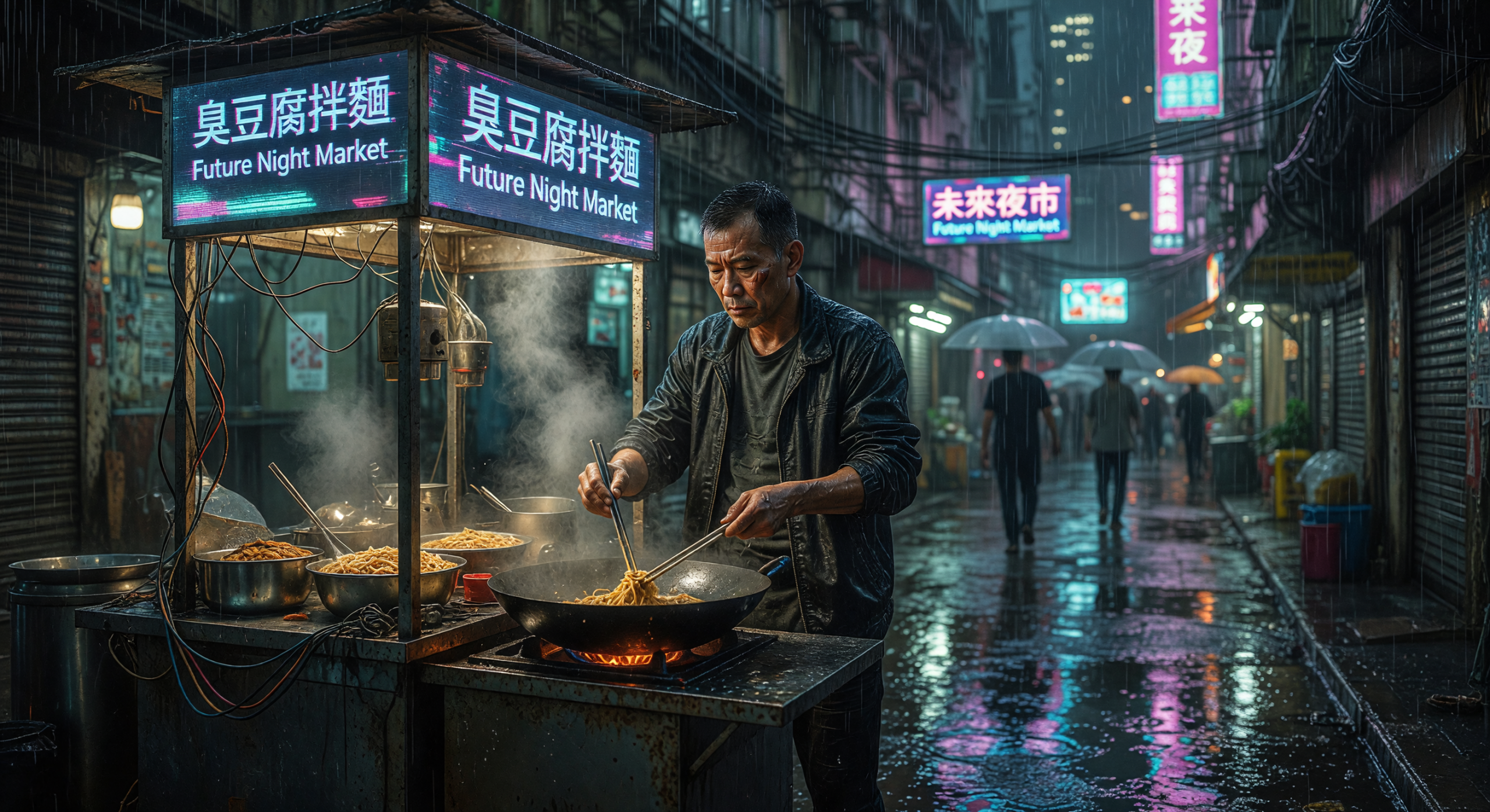 Rainy Night Street Food Stall in Cyberpunk City
