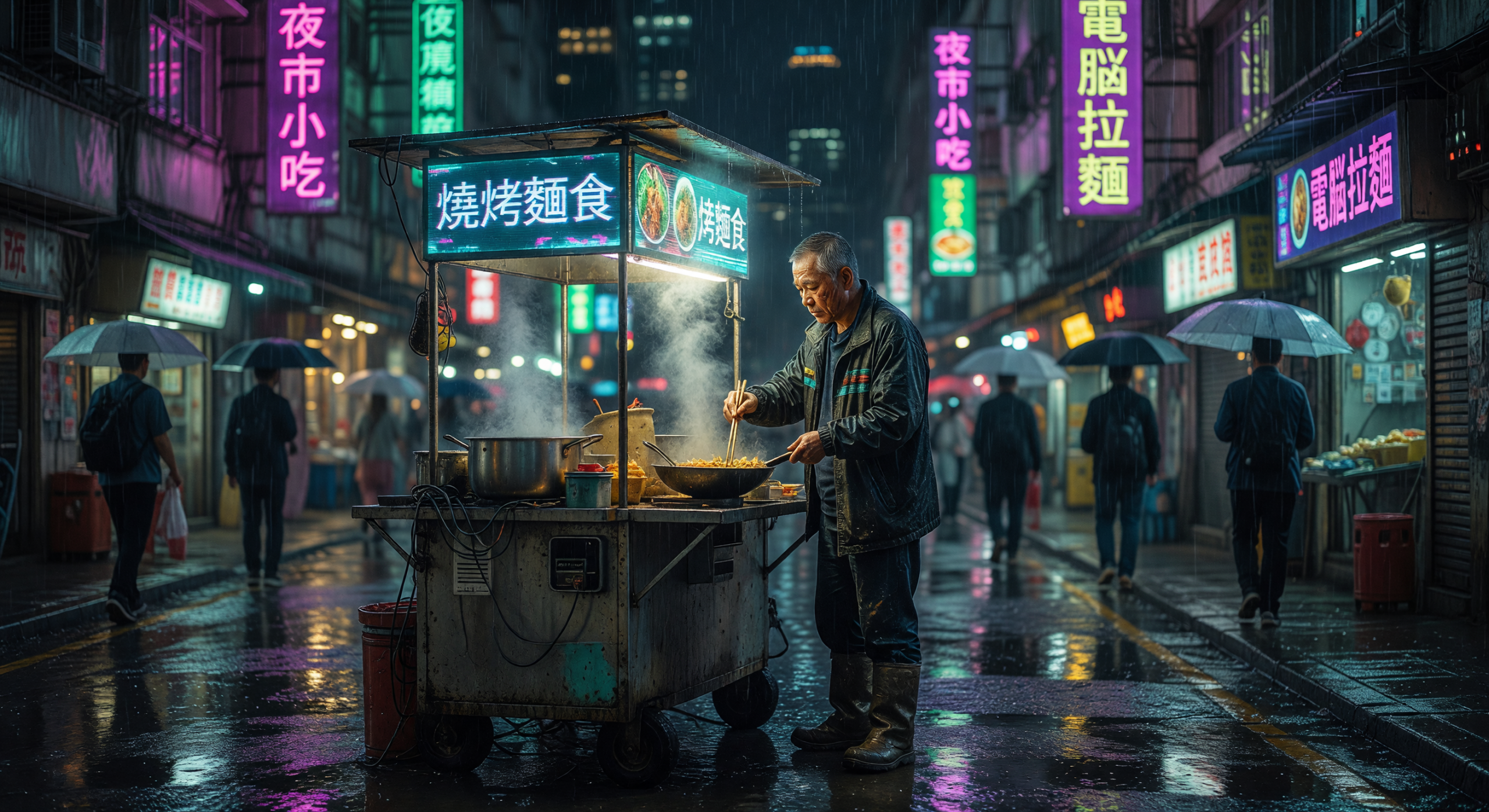 Rainy Night Street Vendor Cooking in Neon-Lit Hong Kong