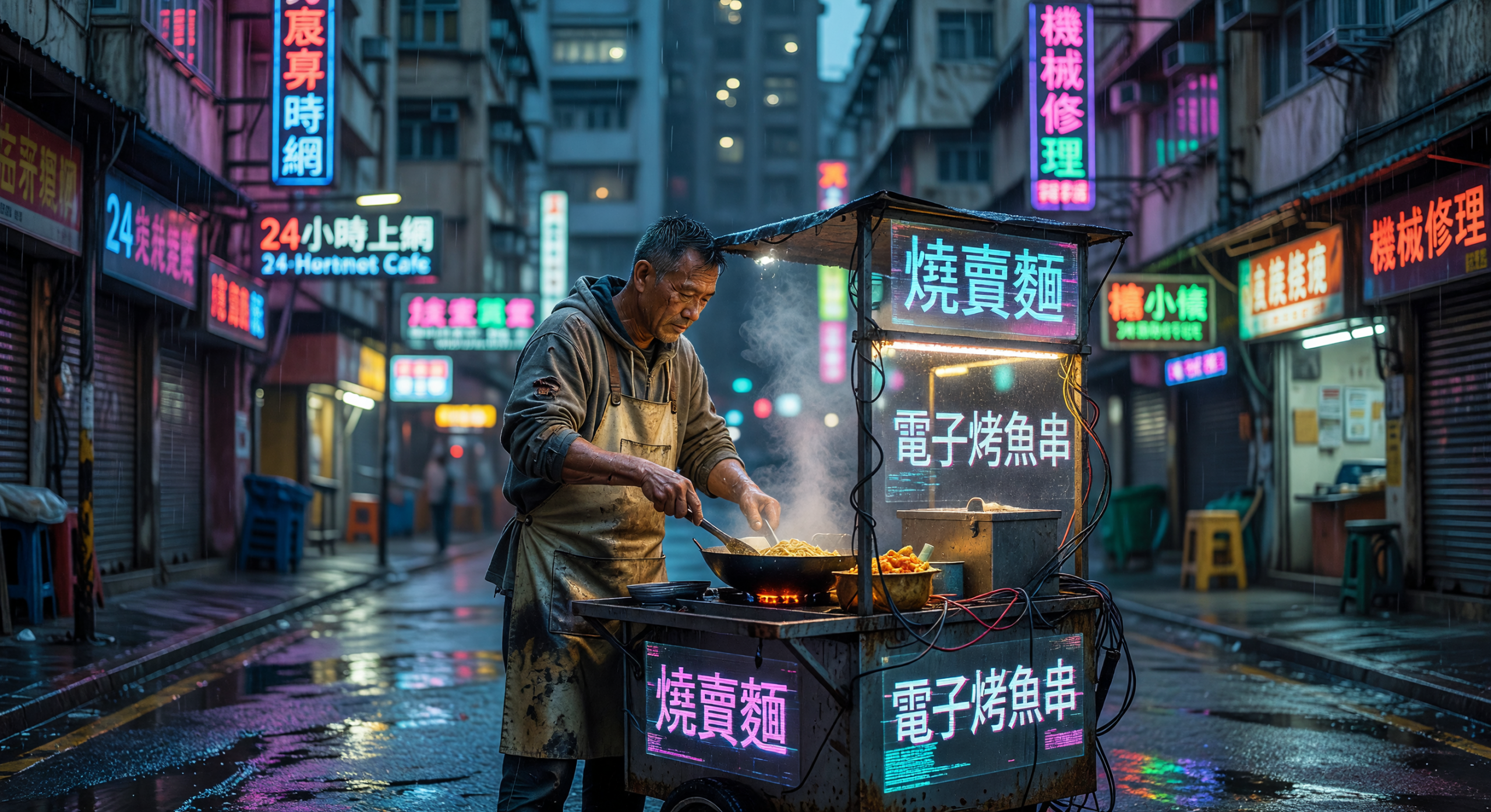 Rainy Night Street Vendor Cooking in Neon-Lit Hong Kong Alley