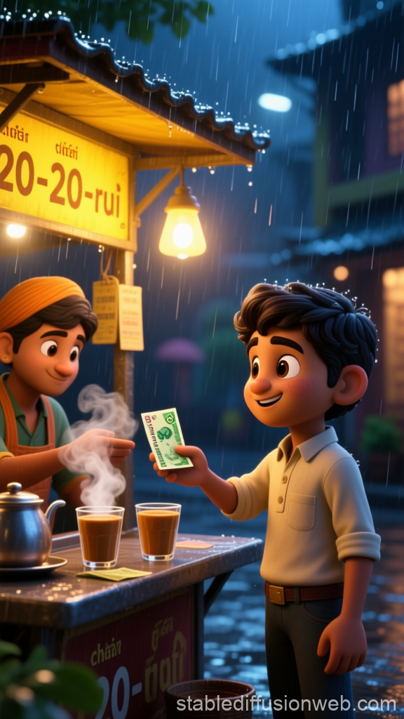 Rainy Night Tea Stall Transaction in Animated Style