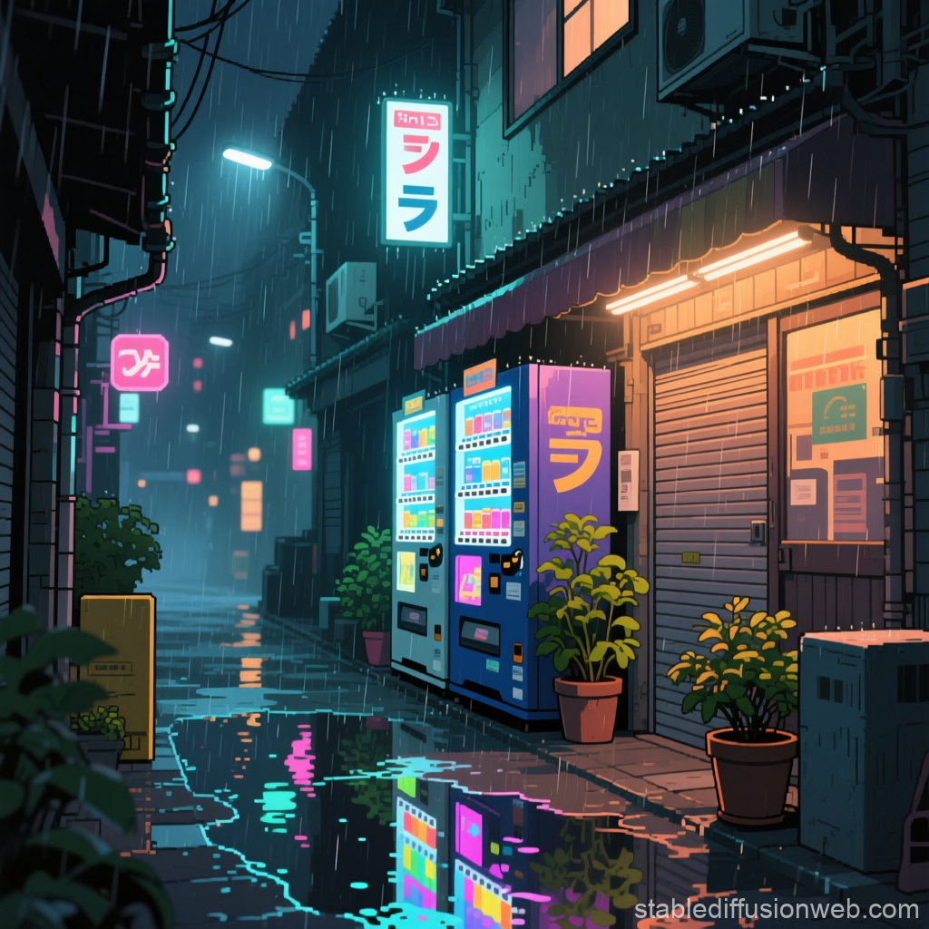 Rainy Retro Tokyo Alley with Neon Vending Machines