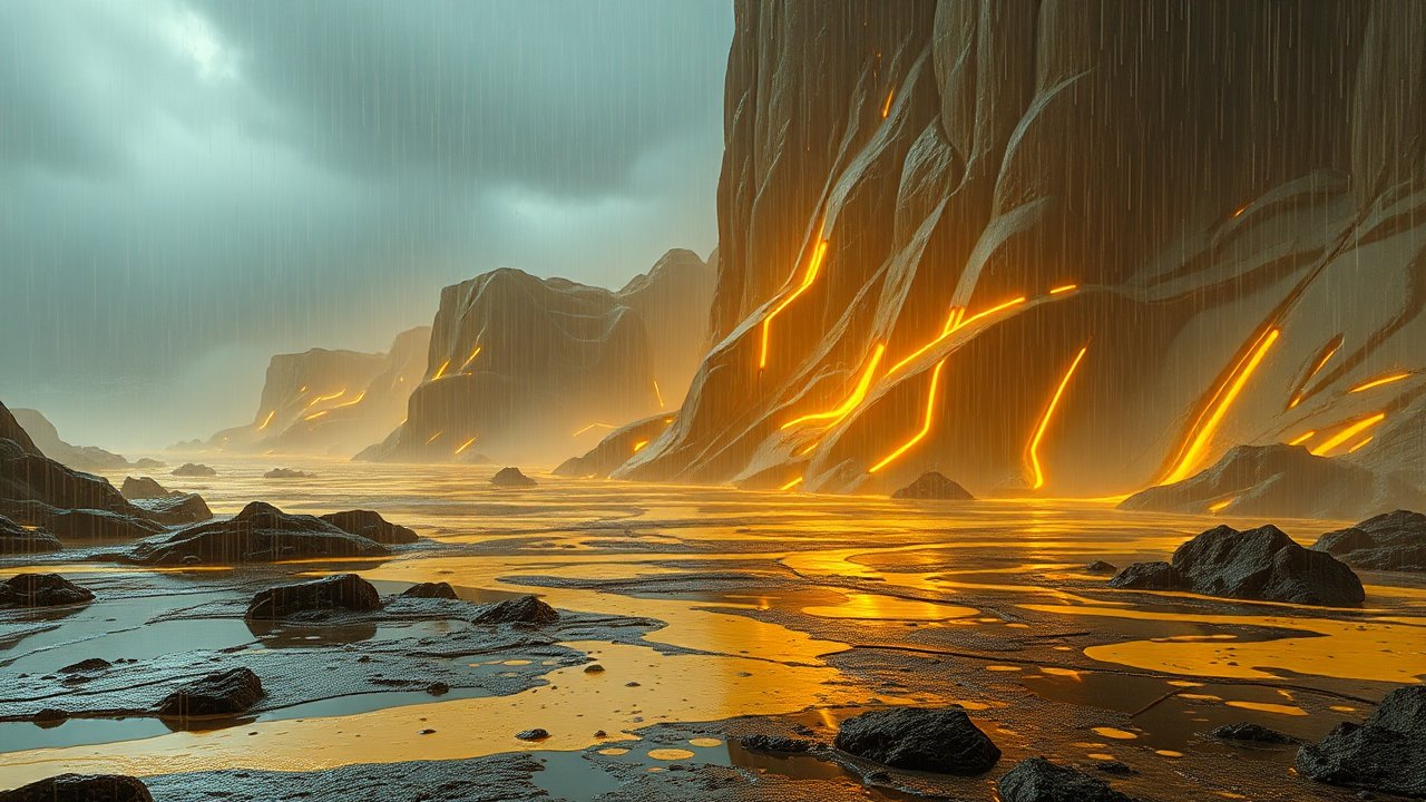 Rainy Volcanic Landscape with Glowing Lava