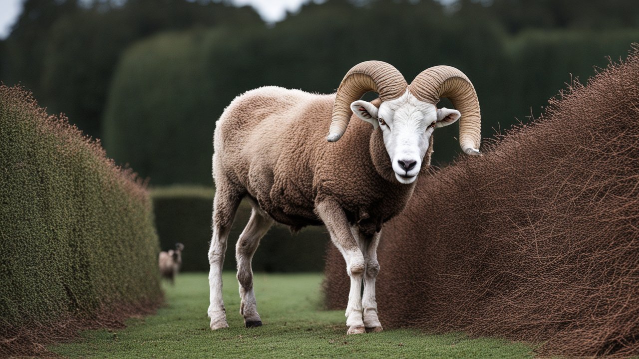 Ram Standing Between Neatly Trimmed Hedges