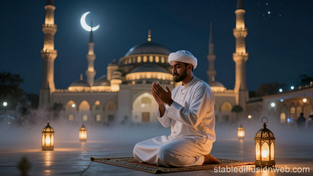Ramadan Night Prayer Under Crescent Moon at Mosque