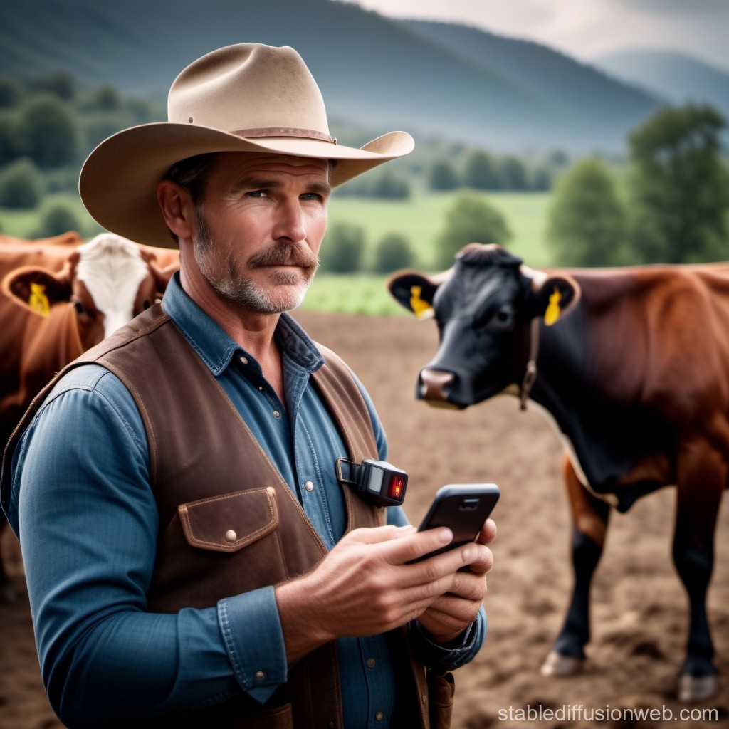 Rancher Using Smartphone with Cows in Pasture