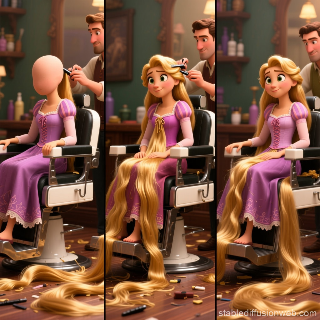 Rapunzel Haircut Transformation in 3D Animation Style