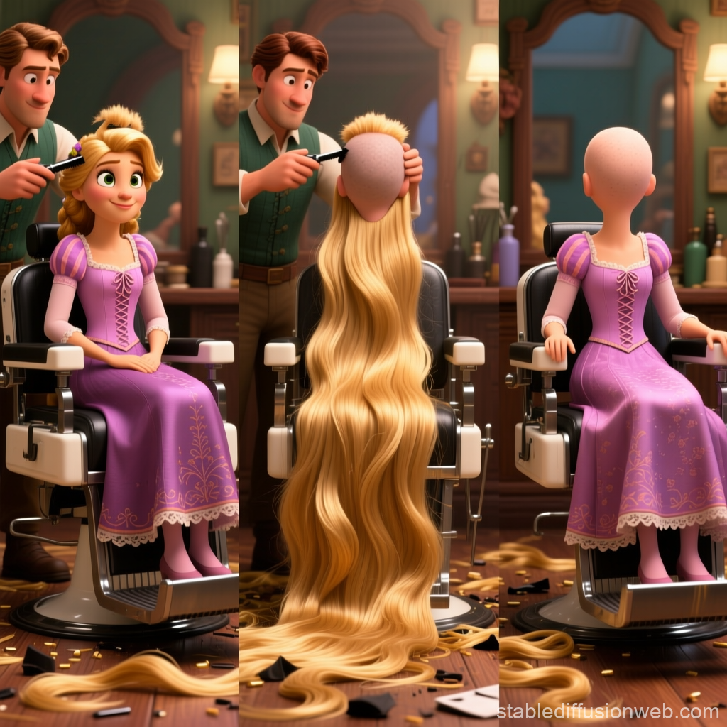 Rapunzel Shaving Her Long Hair in a Charming Barbershop