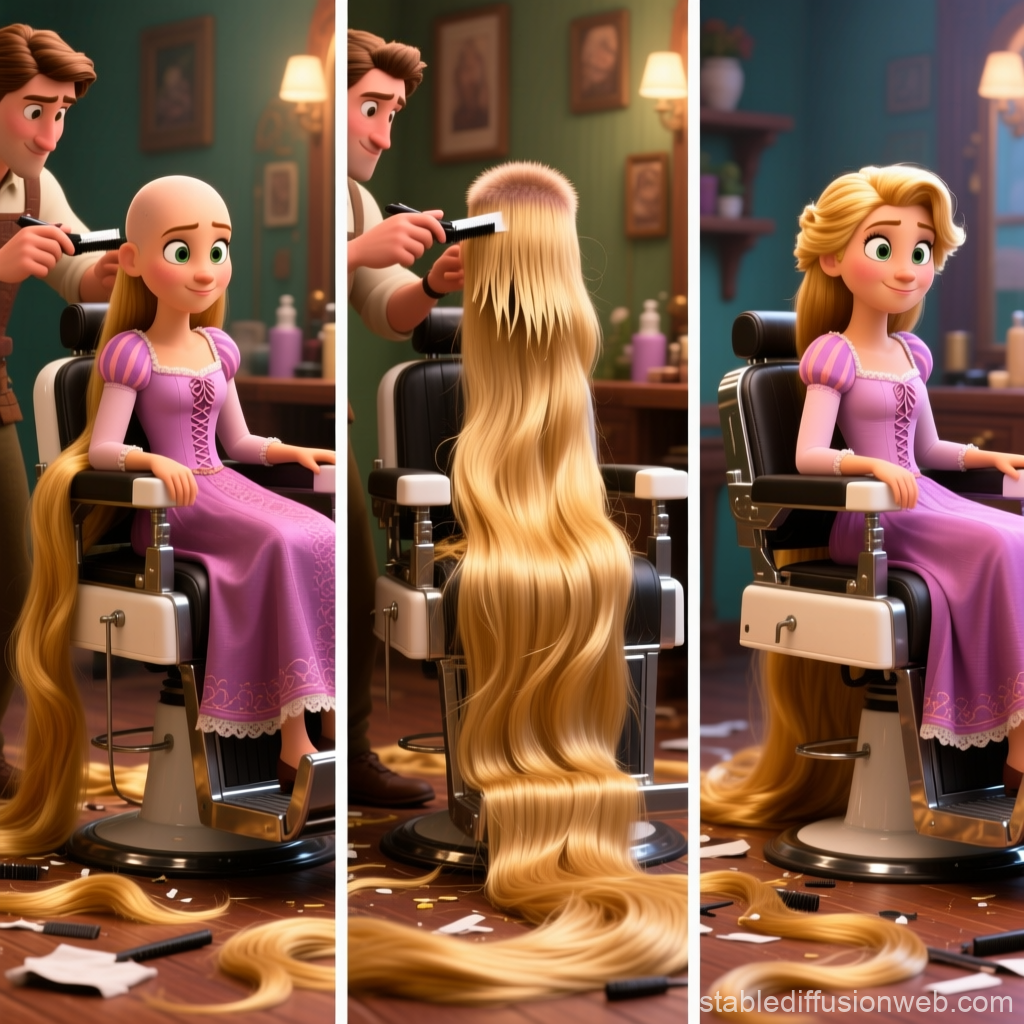 Rapunzel's Haircut Transformation in 3D Animation Style