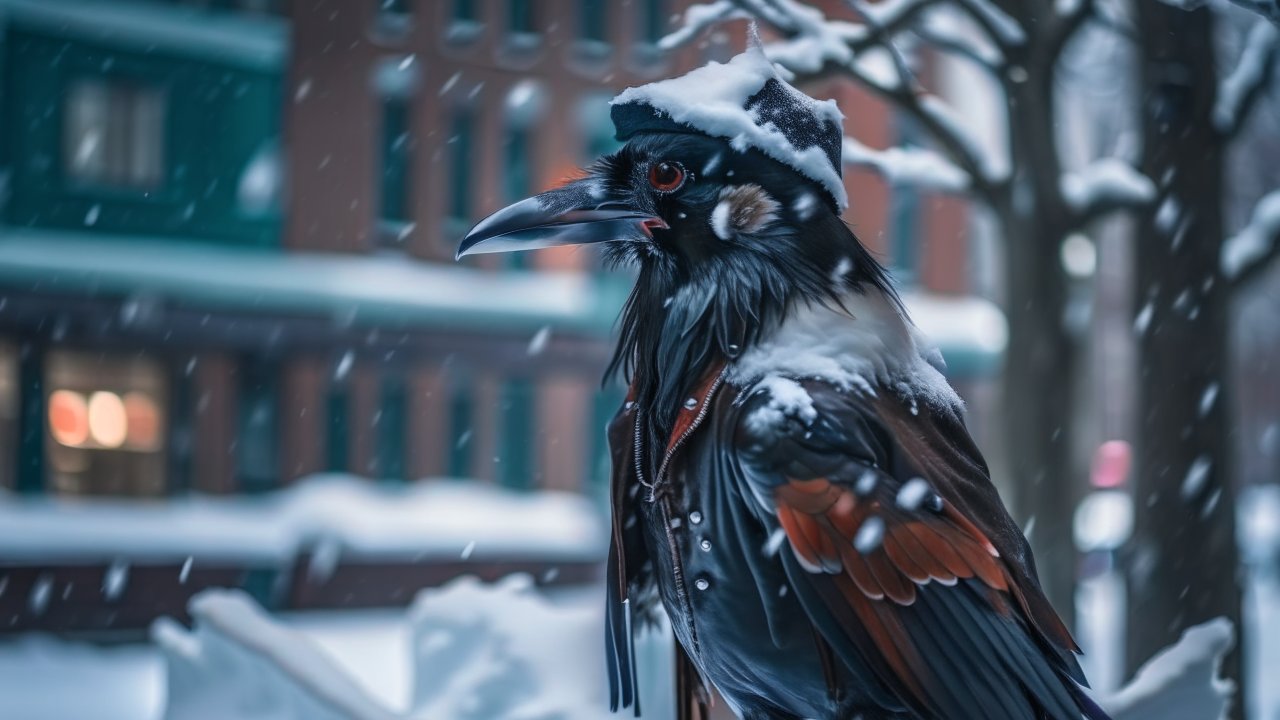 Raven in Snowy Urban Winter Scene