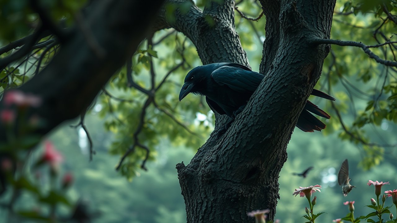 Raven Perched on a Tree Branch in a Lush Forest