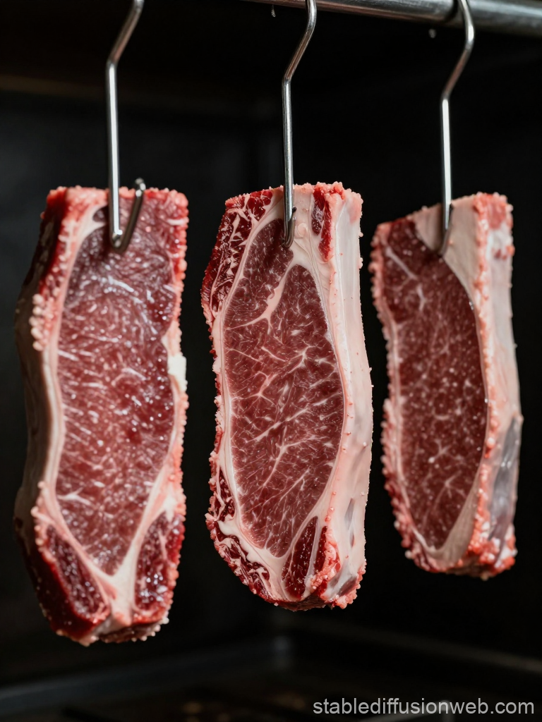 Raw Beef Steaks Hanging on Metal Hooks