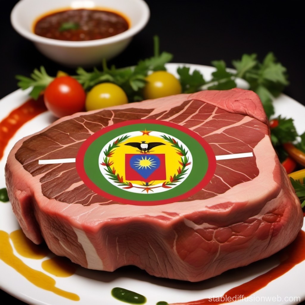 Raw Steak with Emblem on Plate with Sauce and Vegetables