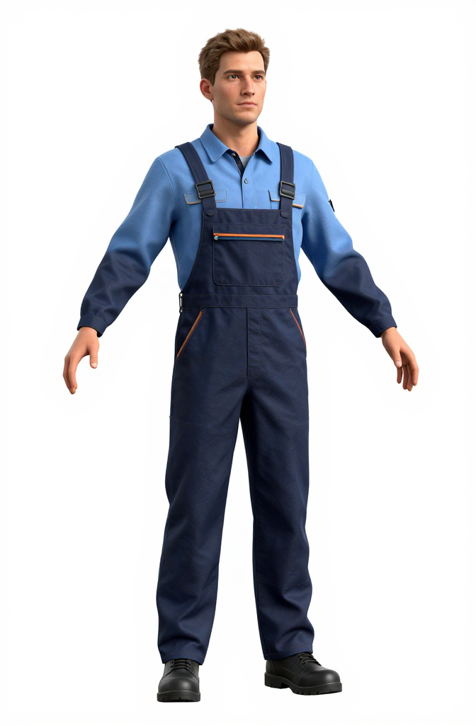 Realistic 3D Render of Male Worker in Blue Overalls T-Pose