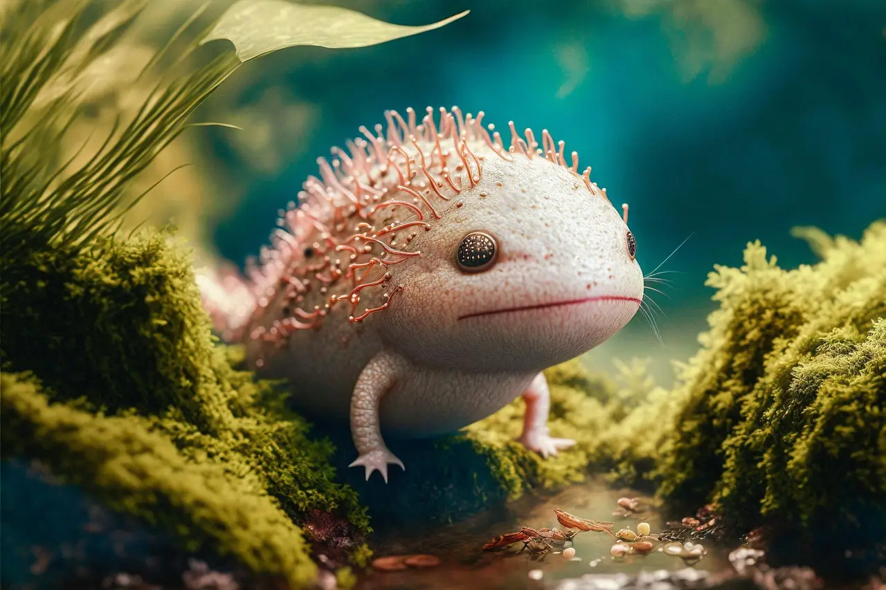 Realistic Axolotl in a Lush Forest Environment