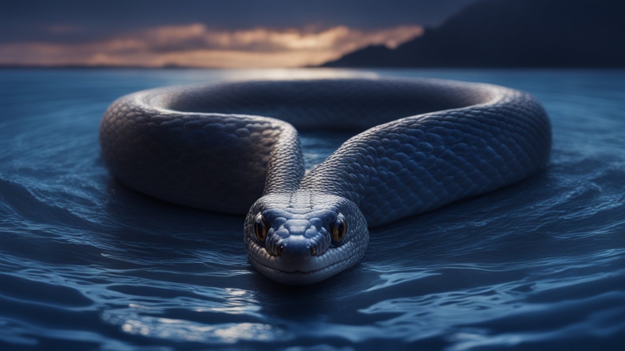 Realistic Blue Snake on Water at Dusk