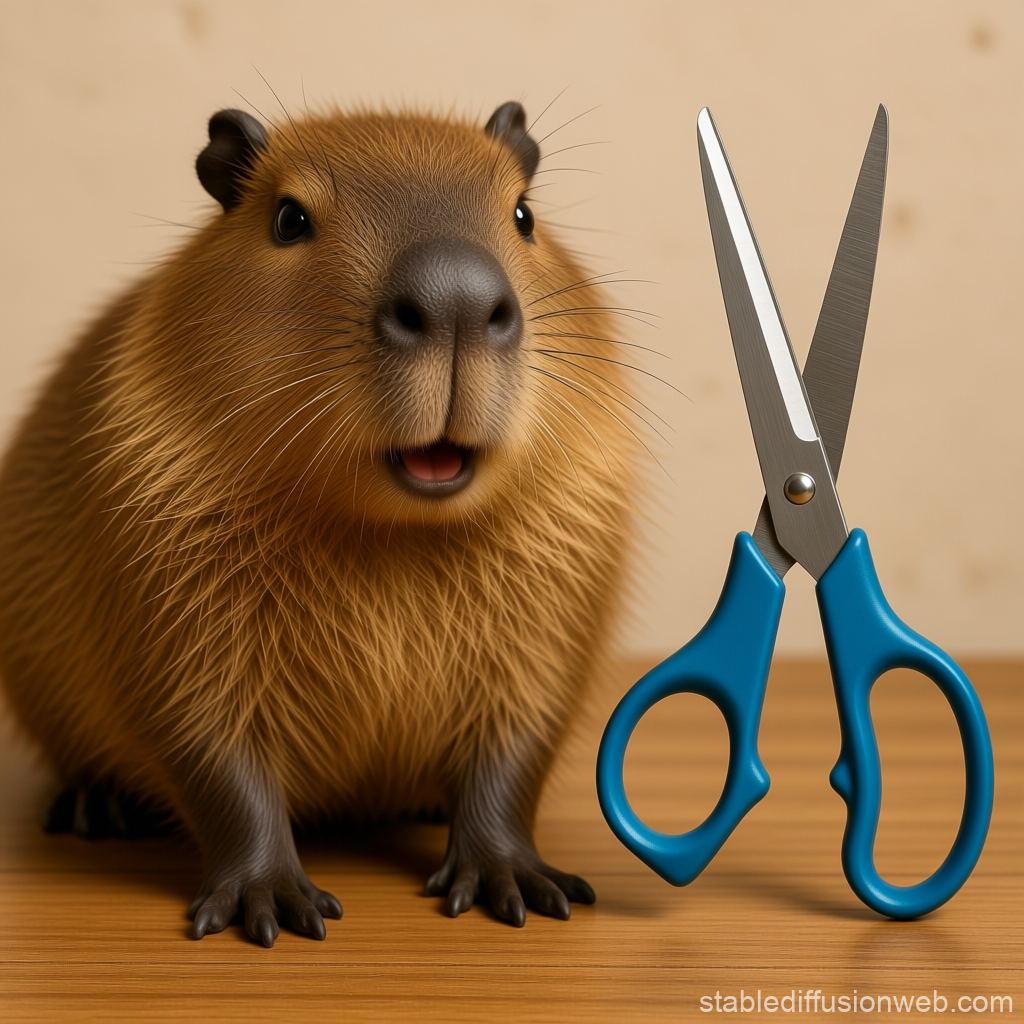 Realistic Capybara with Blue Scissors on Wooden Surface