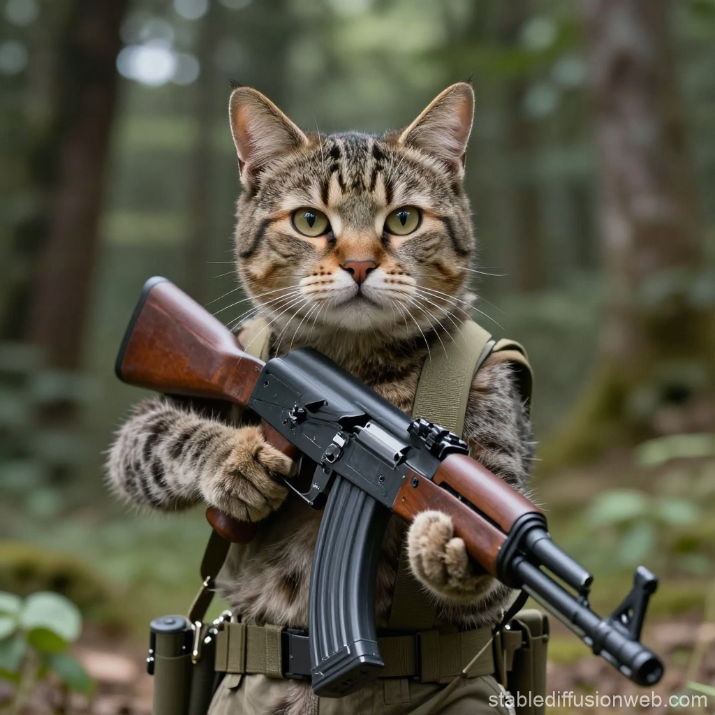 Realistic Cat Holding AK-47 in Forest
