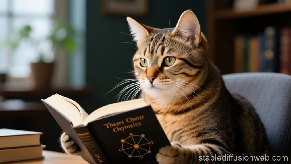 Realistic Cat Studying Physics Book