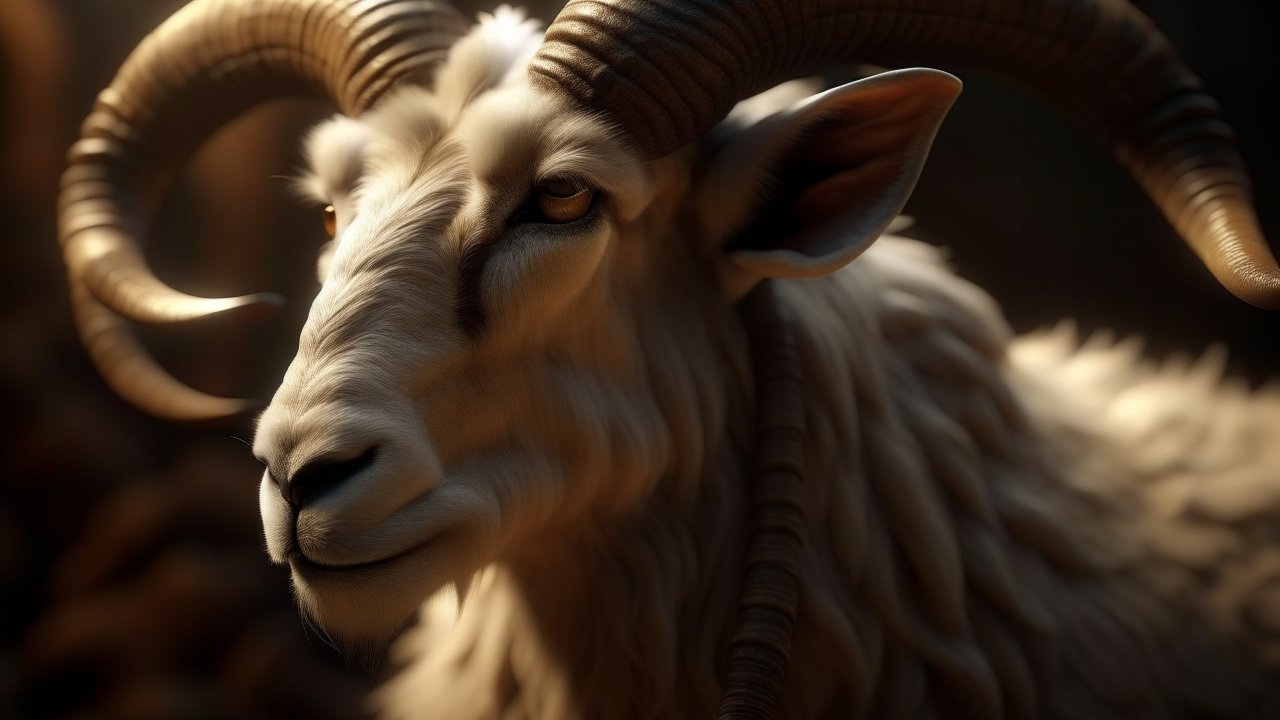 Realistic Close-Up of a Ram with Curved Horns