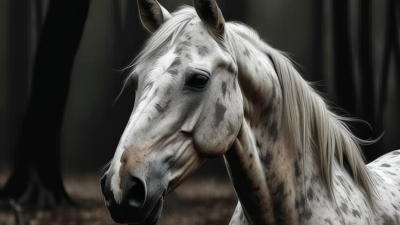 Realistic Close-Up of a Spotted Horse in Dark Forest