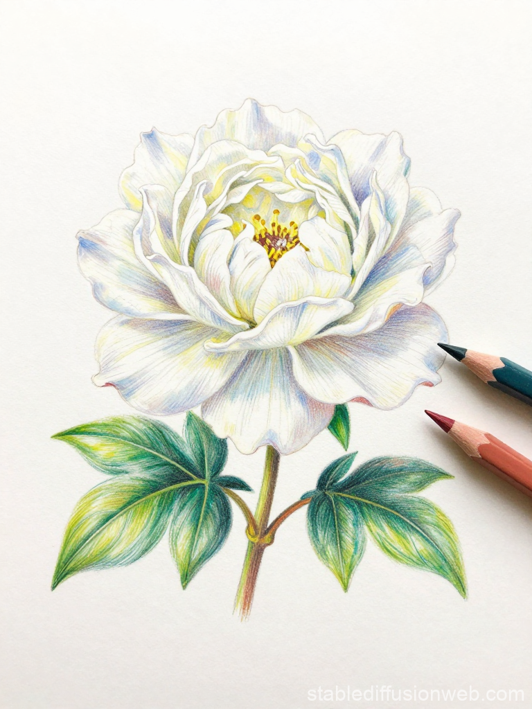 Realistic Colored Pencil Drawing of White Peony Flower