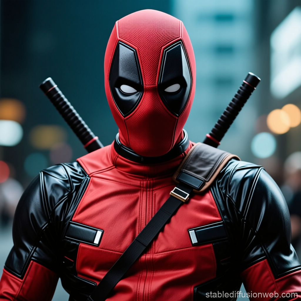 Realistic Deadpool in Red and Black Suit with Katanas