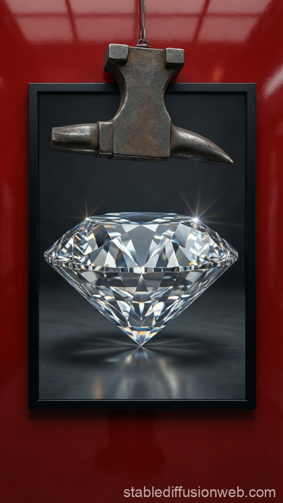 Realistic Diamond Under Hammer on Red Wall