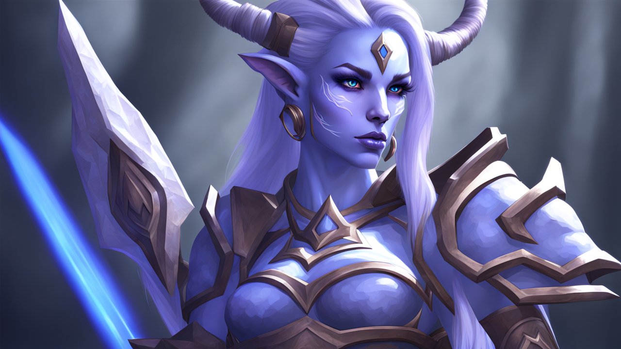 Realistic Draenei Female Warrior with Blue Skin and Armor