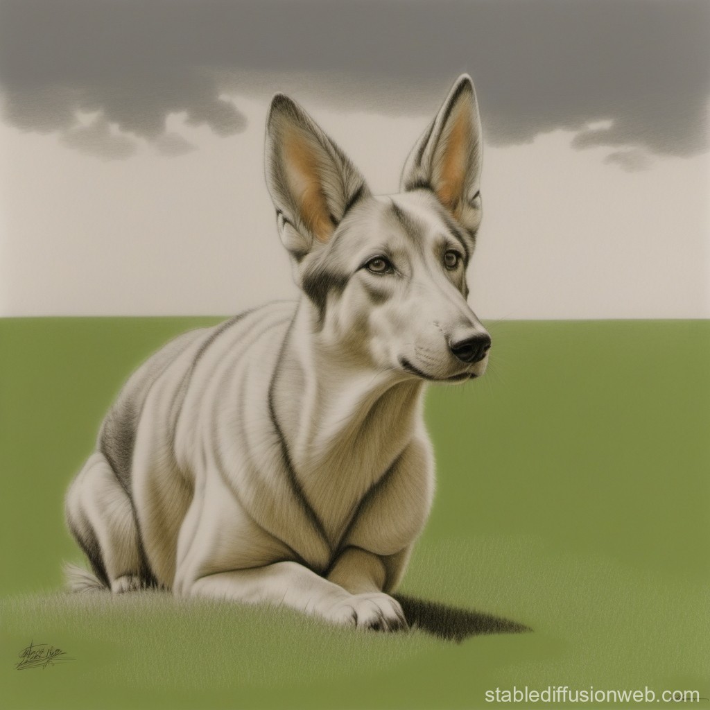 Realistic Drawing of a German Shepherd Dog Resting on Grass