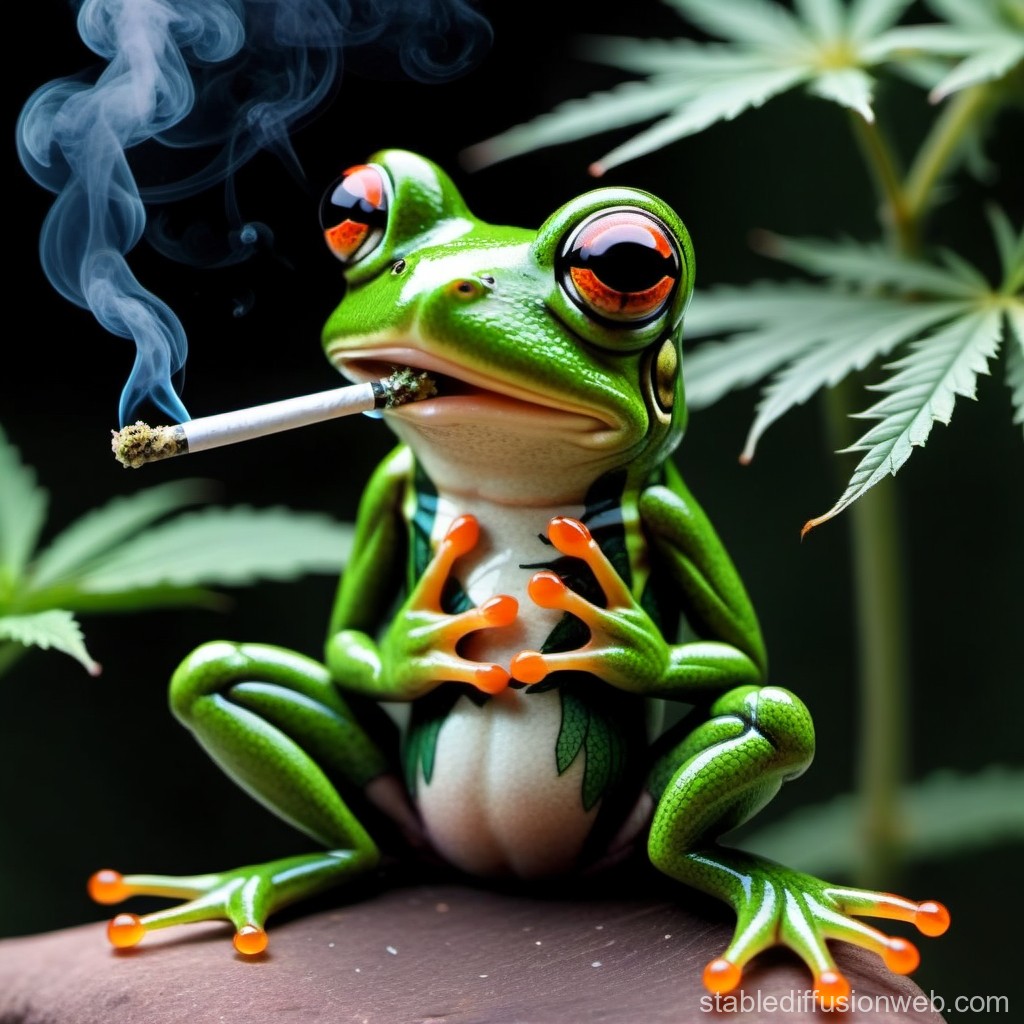 Realistic Frog Smoking with Cannabis Leaves Background