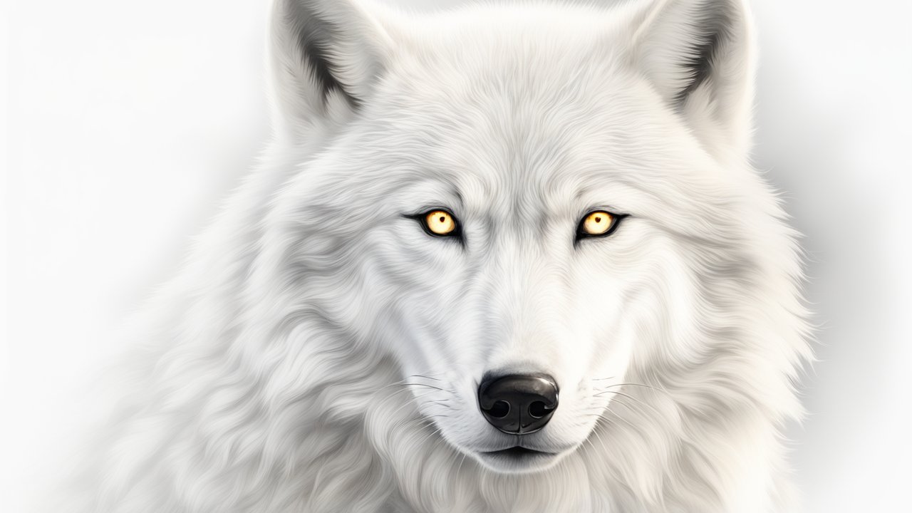 Realistic Front-Facing White Wolf with Golden Eyes