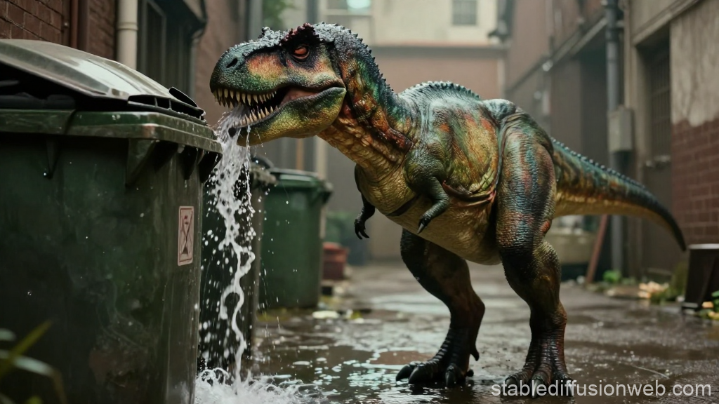 Realistic Green T-Rex Spouting Water in Urban Alley
