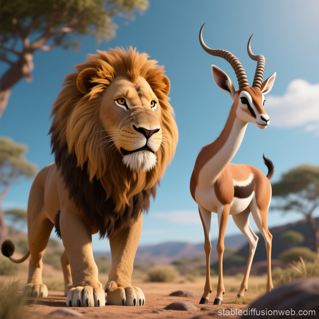 Realistic Lion and Gazelle in African Savanna