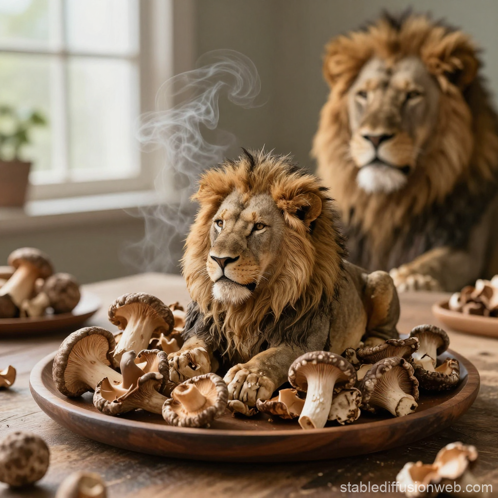 Realistic Lion Figurine Among Mushrooms on Wooden Plate
