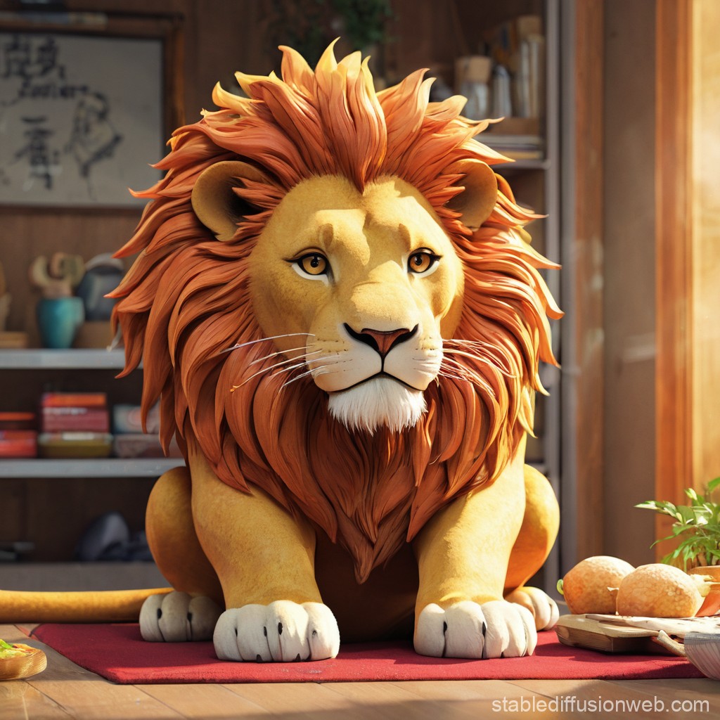 Realistic Lion Sitting Indoors with Warm Lighting