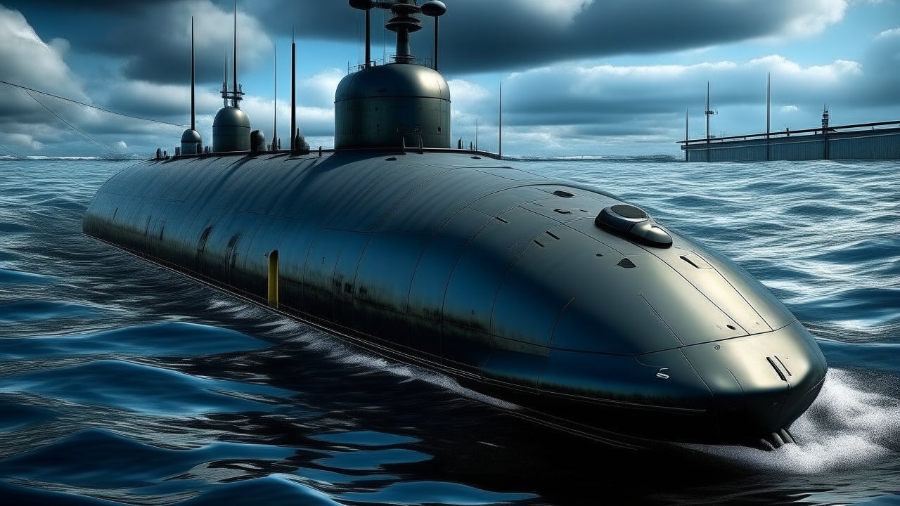 Realistic Modern Submarine on Ocean Surface
