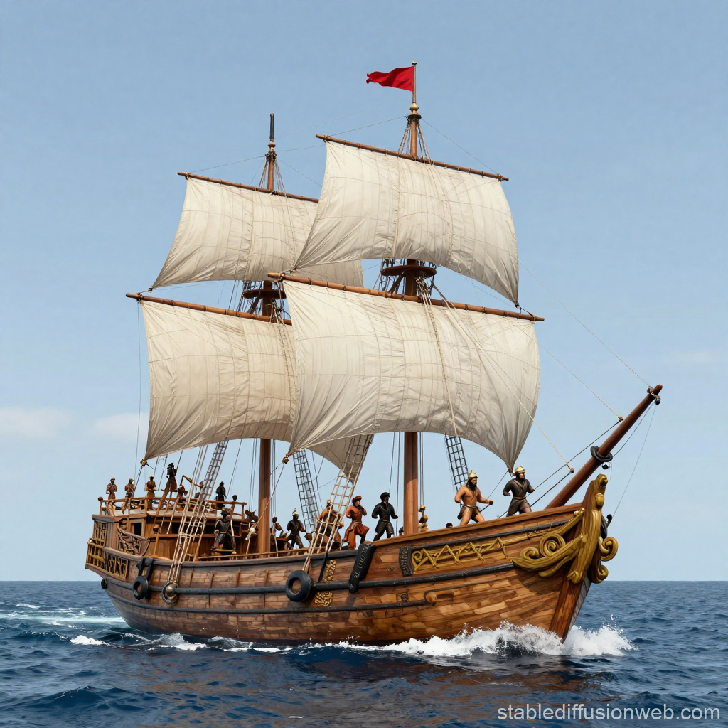 Realistic Mongol Warrior Ship Sailing on the Ocean