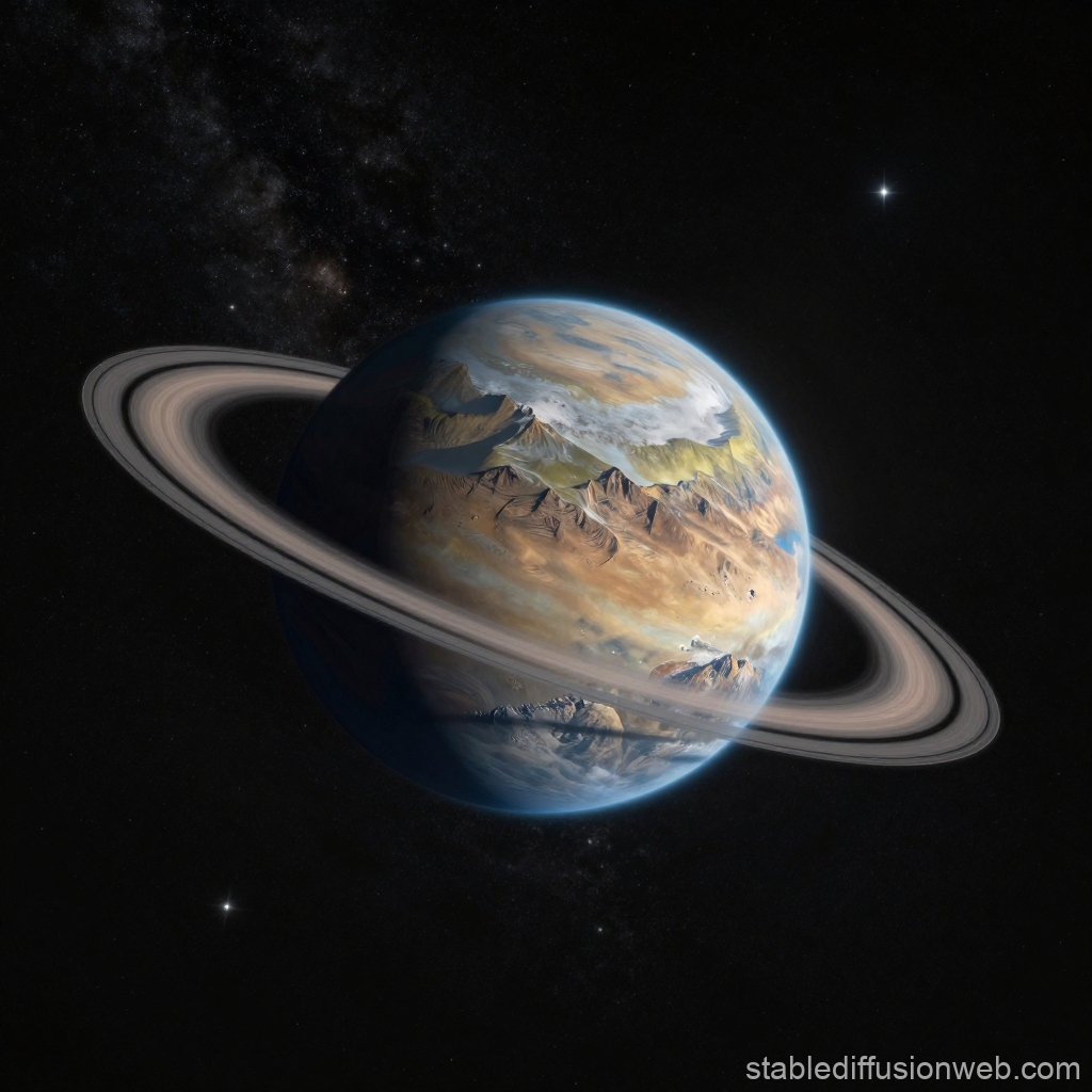 Realistic Mountainous Planet with Rings in Space