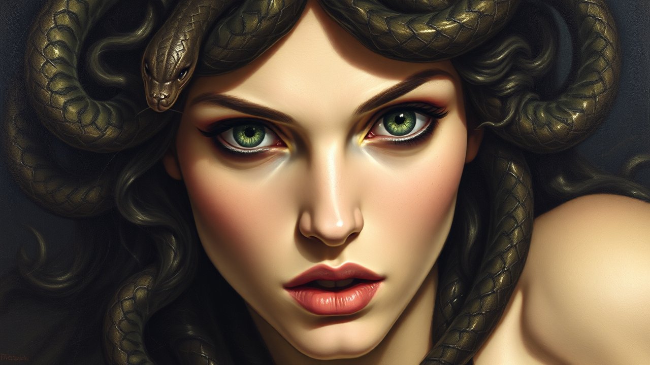 Realistic Oil Painting of Medusa with Serpent Hair