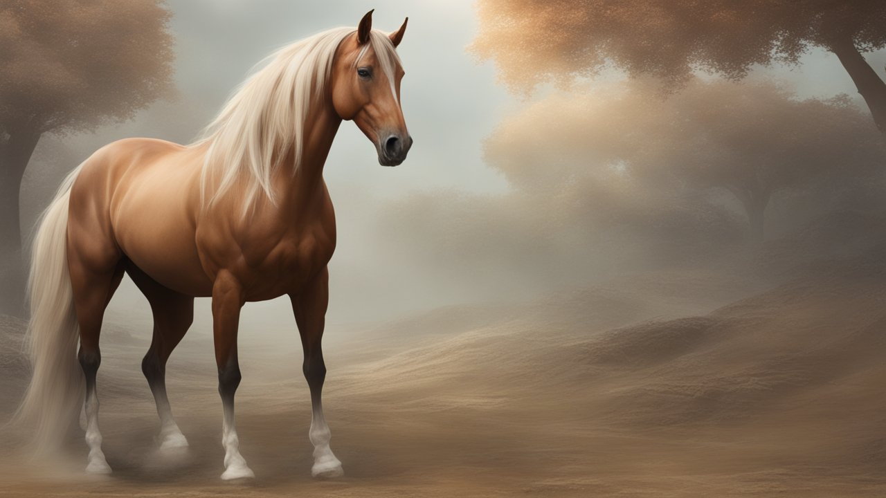 Realistic Palomino Horse in Misty Autumn Landscape