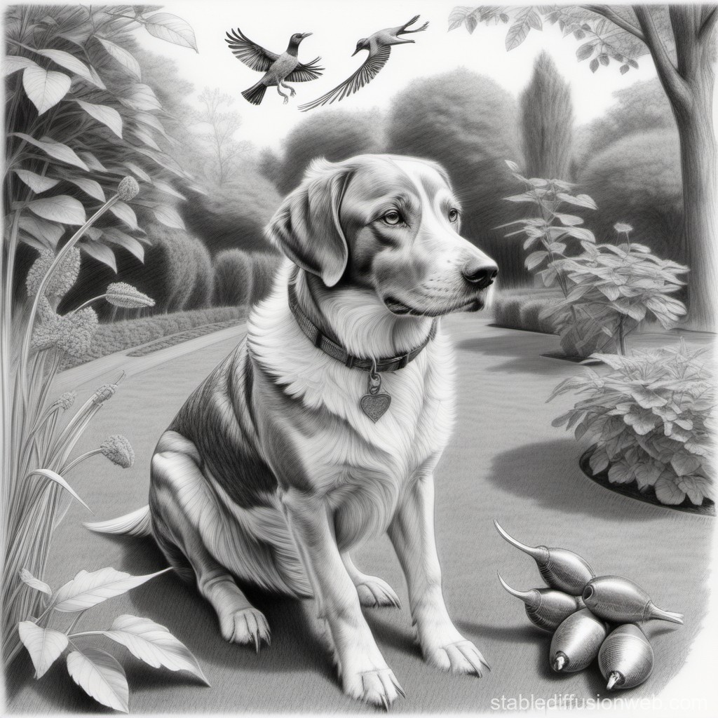 Realistic Pencil Drawing of a Dog in a Garden