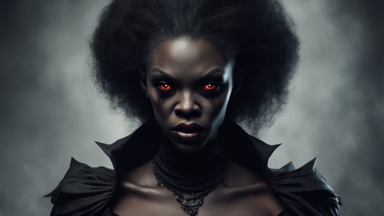 Realistic Portrait of a Black Vampire with Fiery Red Eyes