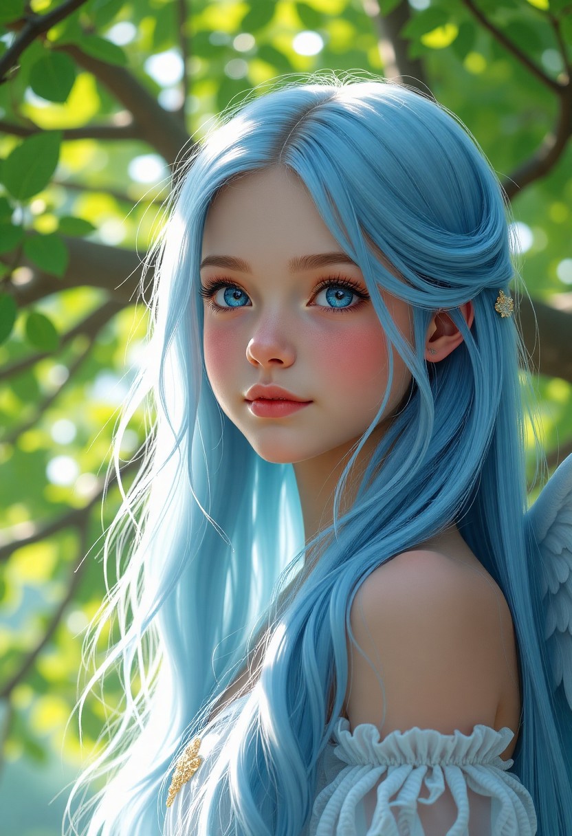 Realistic Portrait of a Blue-Haired Angelic Girl