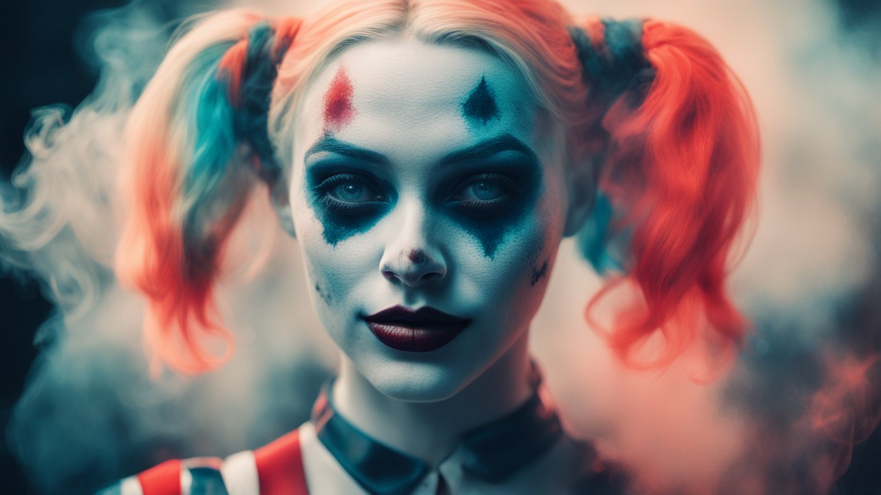 Realistic Portrait of a Clown with Red and Blue Makeup