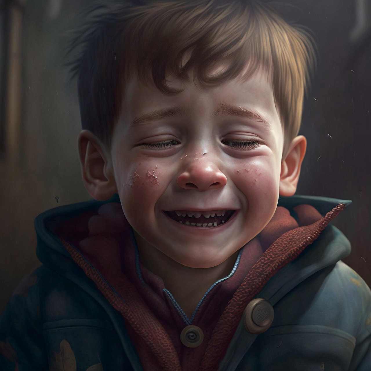 Realistic Portrait of a Crying Child with Tear-Streaked Face