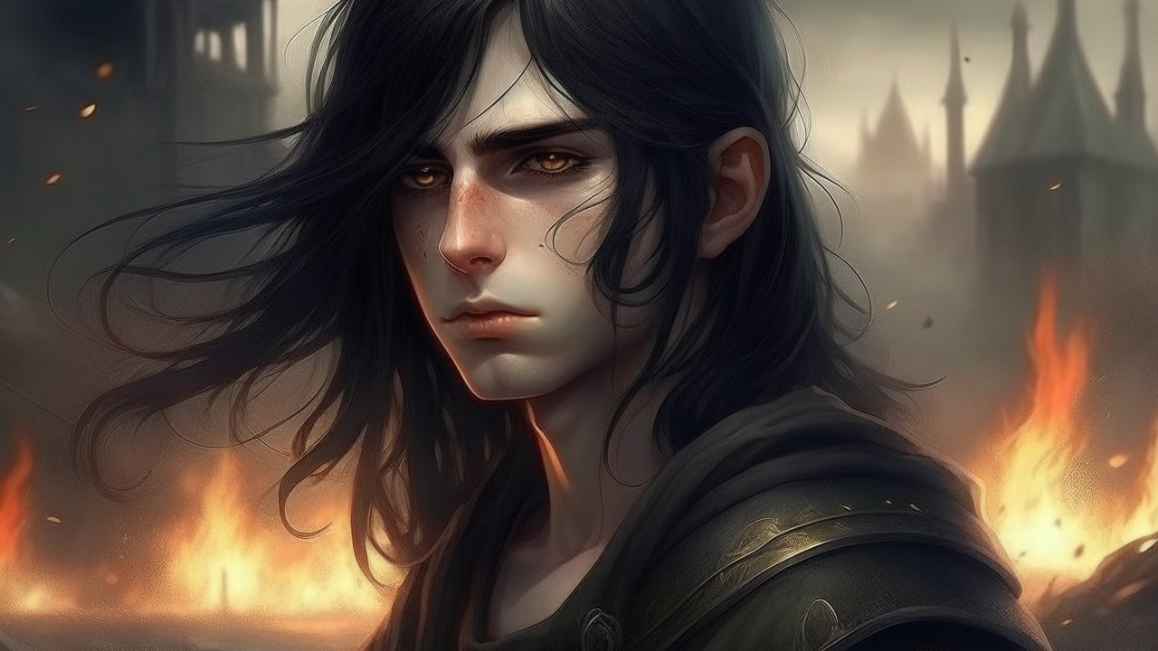 Realistic Portrait of a Dark-Haired Warrior Amidst Flames